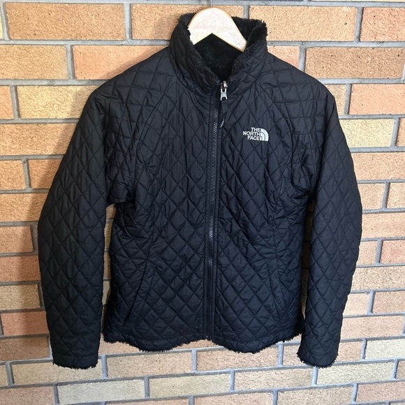 North Face Reversible Quilted Coat Full Zip Black Fleece Jacket Girls L (14-16) - Picture 1 of 9